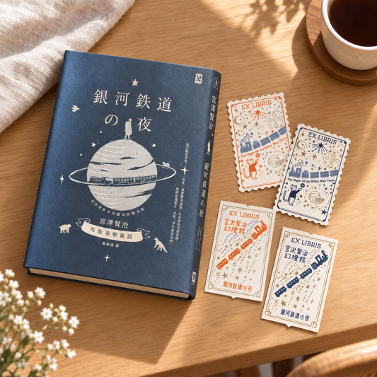 銀河鐵道之夜精裝書藏書票珍藏組，精裝書與四款藏書票方形情境照