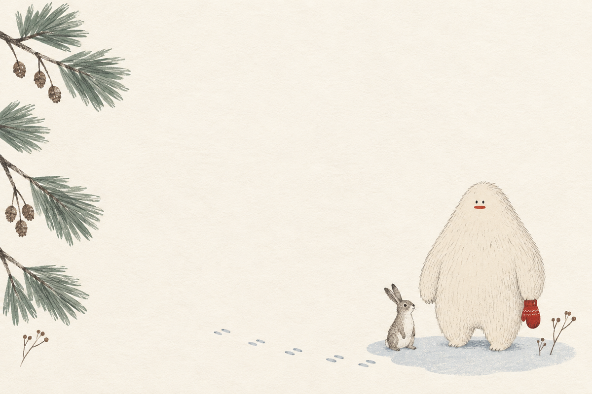 米白紙感插畫，松枝旁的 Yeti 與小兔相伴